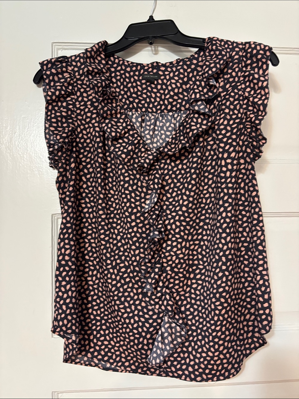Ann Taylor Black Blouse with Pink Spot Print and Ruffle Trim